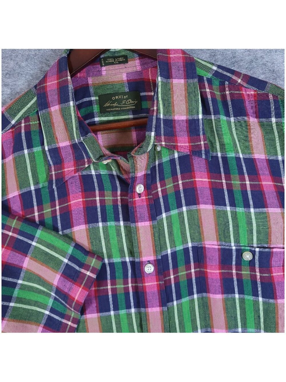 Vtg Orvis Signature Collection Linen Madras Plaid Shirt XXL SS Green Pink Blue